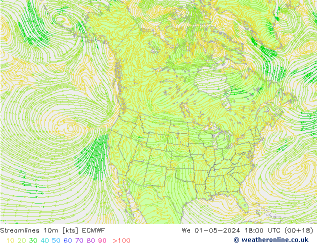 Stroomlijn 10m ECMWF wo 01.05.2024 18 UTC