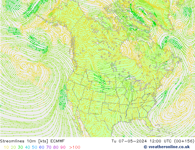 Streamlines 10m ECMWF Út 07.05.2024 12 UTC