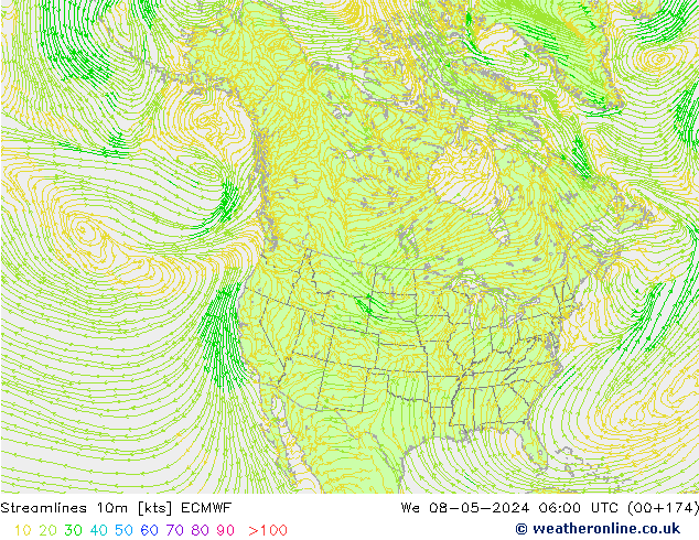 Stroomlijn 10m ECMWF wo 08.05.2024 06 UTC