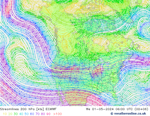 Stromlinien 200 hPa ECMWF Mi 01.05.2024 06 UTC