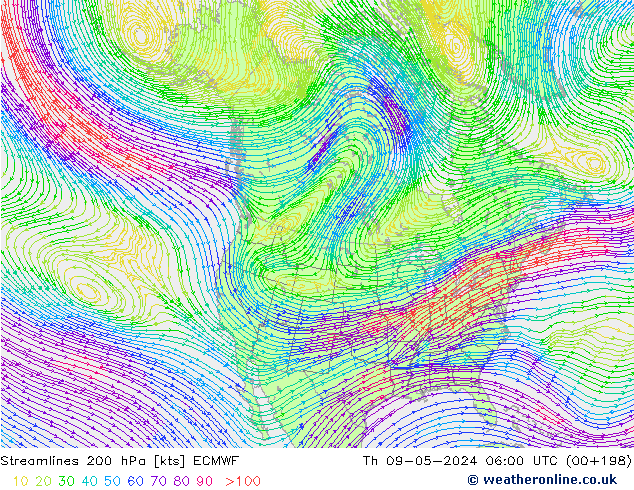 Linea di flusso 200 hPa ECMWF gio 09.05.2024 06 UTC