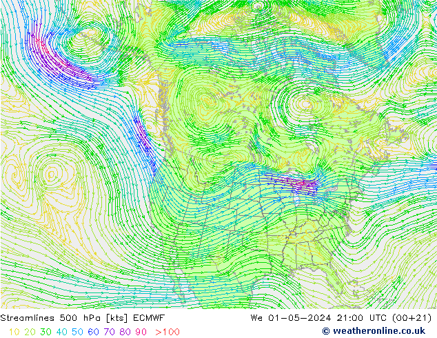 Stromlinien 500 hPa ECMWF Mi 01.05.2024 21 UTC