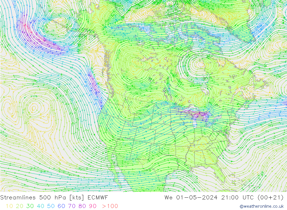 Stromlinien 500 hPa ECMWF Mi 01.05.2024 21 UTC