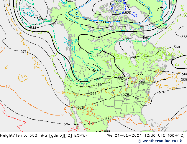 Z500/Rain (+SLP)/Z850 ECMWF śro. 01.05.2024 12 UTC