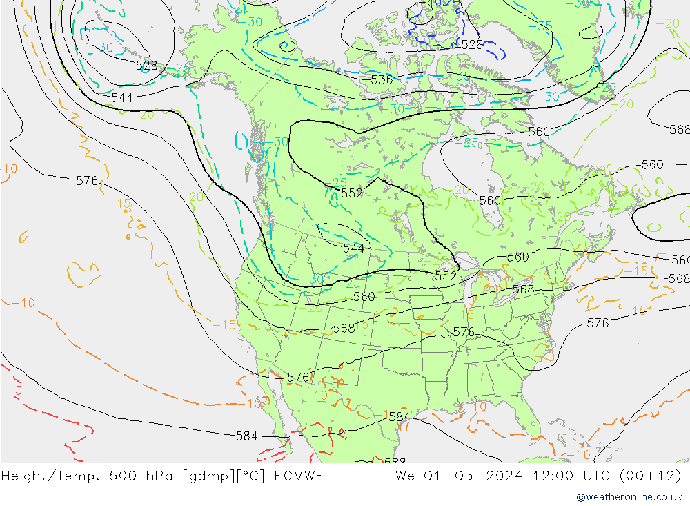 Height/Temp. 500 hPa ECMWF Mi 01.05.2024 12 UTC