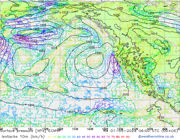 Isotachs (kph) ECMWF ср 01.05.2024 06 UTC