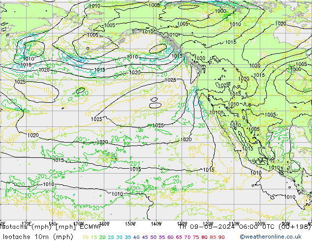 Isotachs (mph) ECMWF Čt 09.05.2024 06 UTC