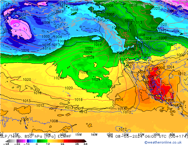 SLP/Temp. 850 hPa ECMWF mer 08.05.2024 06 UTC