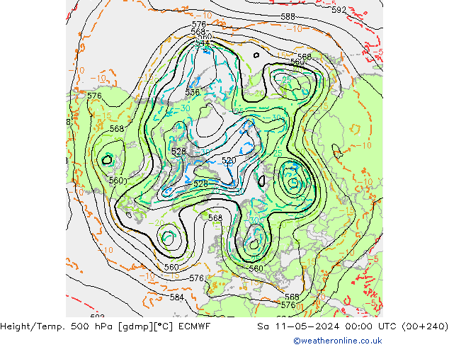 Height/Temp. 500 hPa ECMWF Sa 11.05.2024 00 UTC