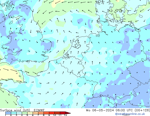 Viento 10 m (bft) ECMWF lun 06.05.2024 06 UTC