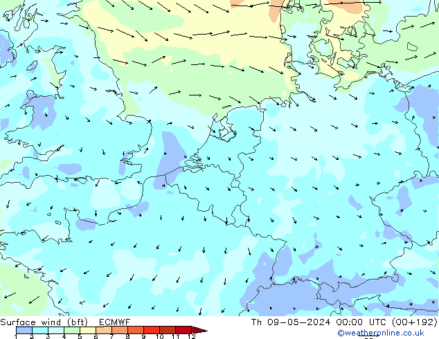 Surface wind (bft) ECMWF Th 09.05.2024 00 UTC