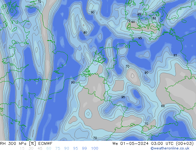 RH 300 hPa ECMWF Mi 01.05.2024 03 UTC