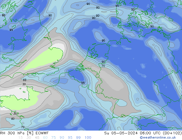 Humedad rel. 300hPa ECMWF dom 05.05.2024 06 UTC