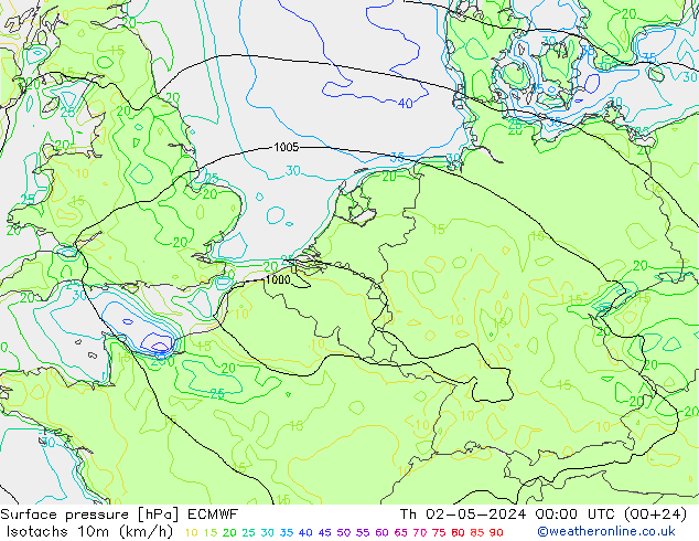 Isotachs (kph) ECMWF gio 02.05.2024 00 UTC