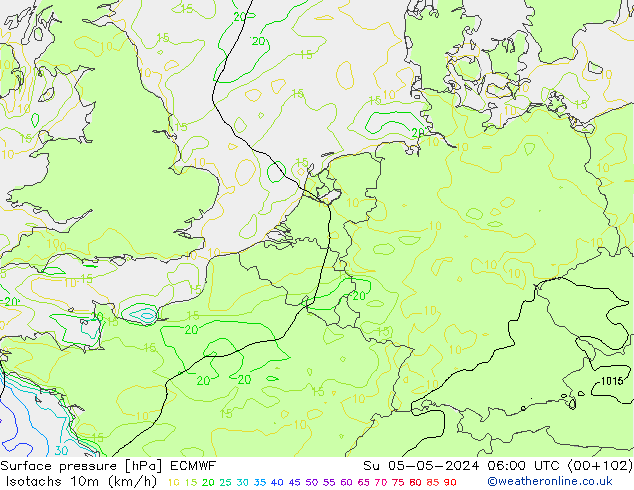 Izotacha (km/godz) ECMWF nie. 05.05.2024 06 UTC