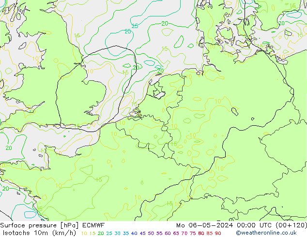 Izotacha (km/godz) ECMWF pon. 06.05.2024 00 UTC