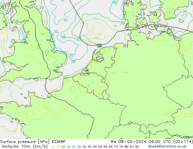 Eşrüzgar Hızları (km/sa) ECMWF Çar 08.05.2024 06 UTC