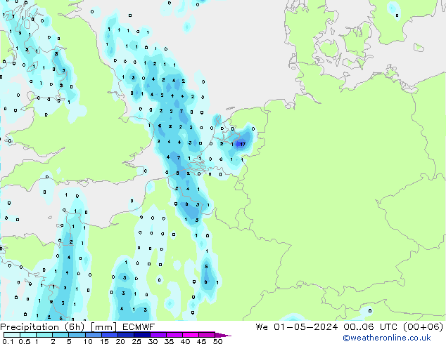 Nied. akkumuliert (6Std) ECMWF Mi 01.05.2024 06 UTC