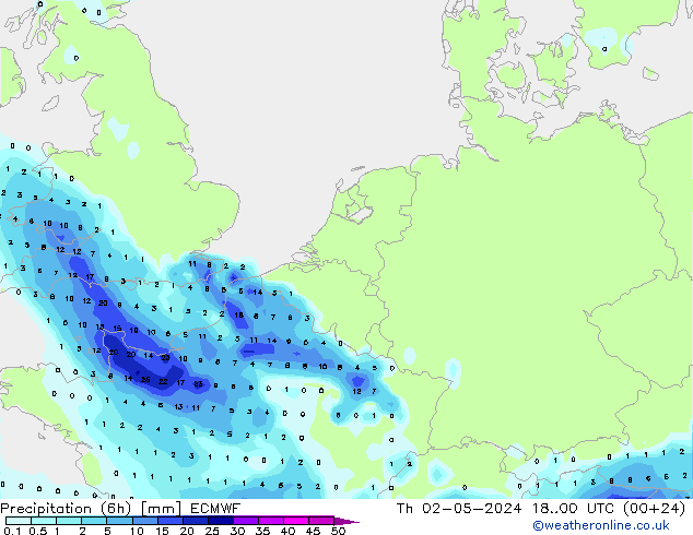 Precipitation (6h) ECMWF Čt 02.05.2024 00 UTC