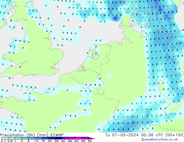 Precipitation (6h) ECMWF Út 07.05.2024 06 UTC