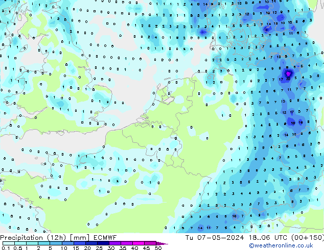 Totale neerslag (12h) ECMWF di 07.05.2024 06 UTC