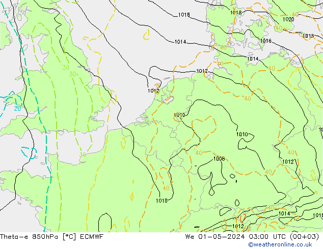 Theta-e 850hPa ECMWF We 01.05.2024 03 UTC