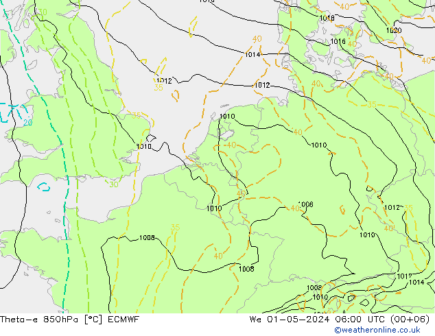 Theta-e 850hPa ECMWF mer 01.05.2024 06 UTC