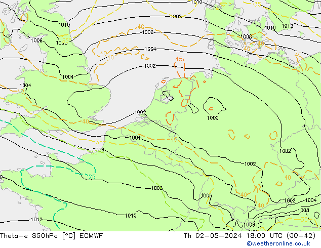 Theta-e 850hPa ECMWF czw. 02.05.2024 18 UTC