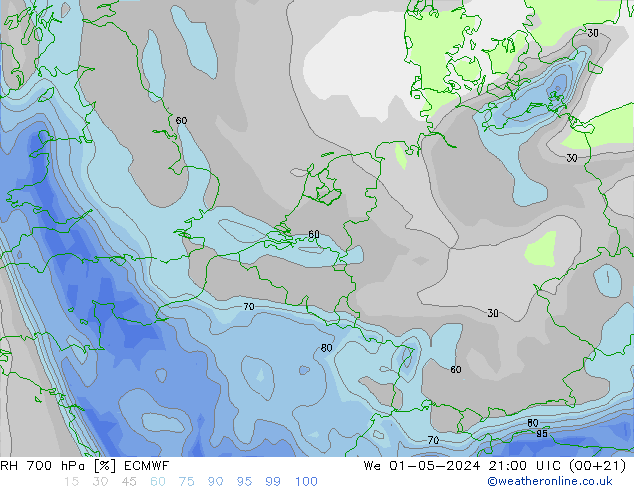 RH 700 hPa ECMWF Mi 01.05.2024 21 UTC