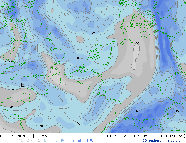 Humidité rel. 700 hPa ECMWF mar 07.05.2024 06 UTC
