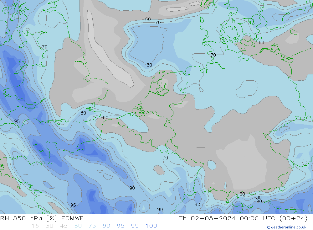 RH 850 hPa ECMWF Čt 02.05.2024 00 UTC