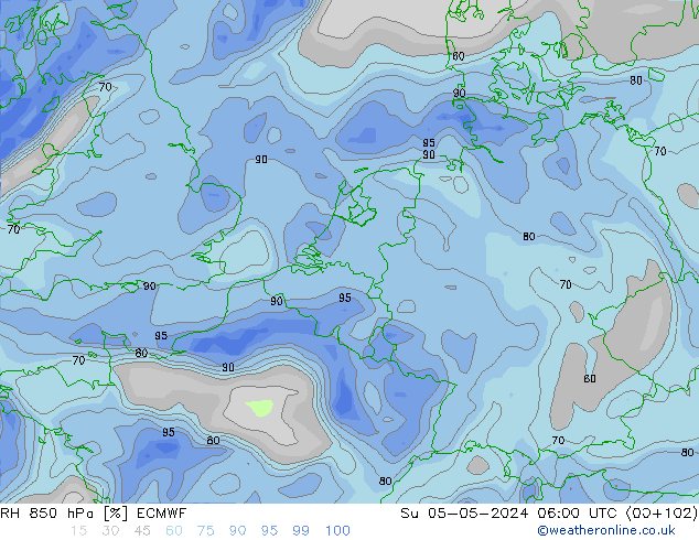 RH 850 hPa ECMWF nie. 05.05.2024 06 UTC