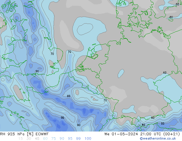 925 hPa Nispi Nem ECMWF Çar 01.05.2024 21 UTC