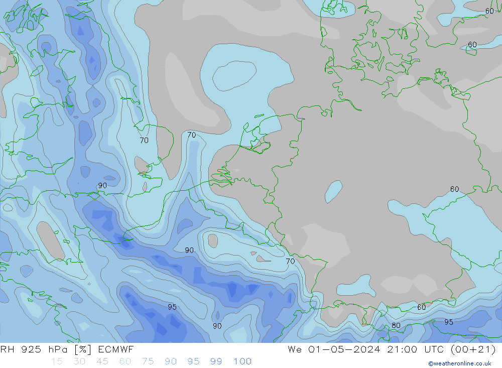 RH 925 hPa ECMWF We 01.05.2024 21 UTC