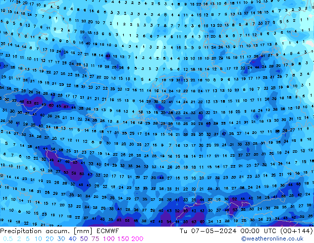 Precipitation accum. ECMWF Tu 07.05.2024 00 UTC