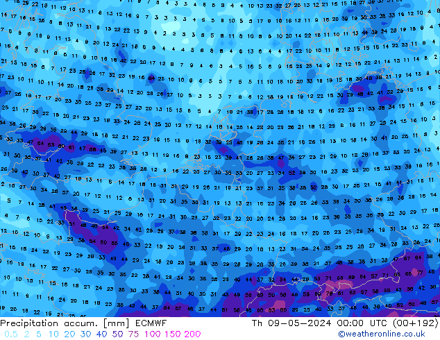 Totale neerslag ECMWF do 09.05.2024 00 UTC