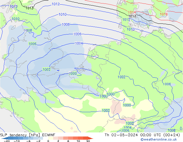 SLP tendency ECMWF Čt 02.05.2024 00 UTC