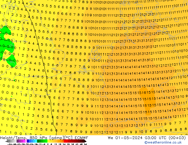 Geop./Temp. 850 hPa ECMWF mié 01.05.2024 03 UTC