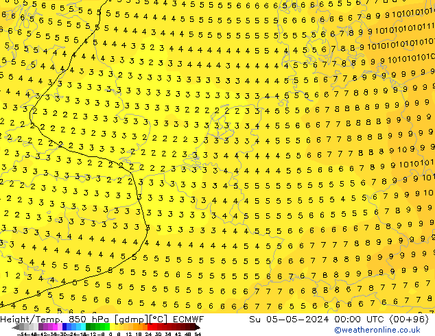 Geop./Temp. 850 hPa ECMWF dom 05.05.2024 00 UTC