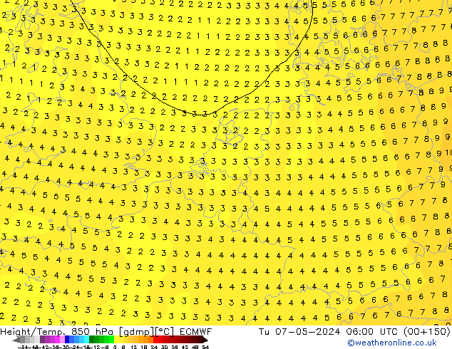 Hoogte/Temp. 850 hPa ECMWF di 07.05.2024 06 UTC