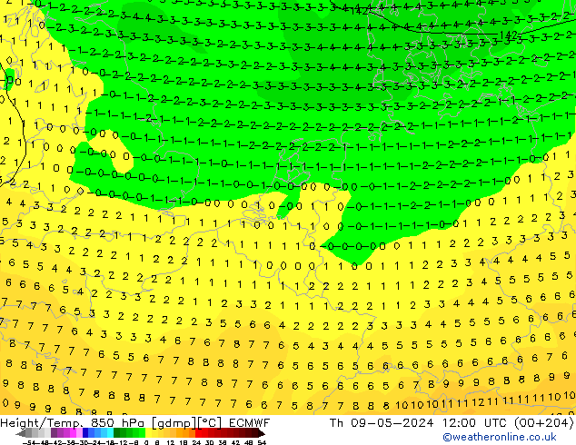 Z500/Rain (+SLP)/Z850 ECMWF Th 09.05.2024 12 UTC