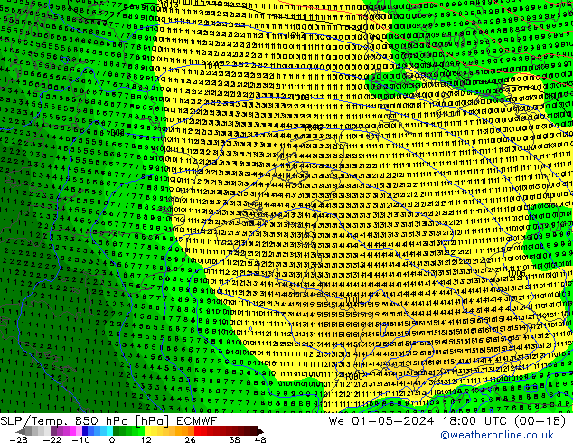 SLP/Temp. 850 hPa ECMWF mer 01.05.2024 18 UTC