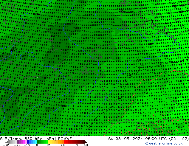 SLP/Temp. 850 hPa ECMWF nie. 05.05.2024 06 UTC