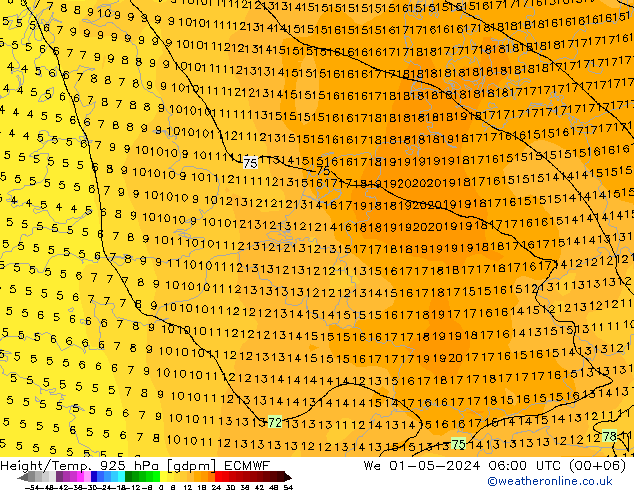 Height/Temp. 925 hPa ECMWF Mi 01.05.2024 06 UTC