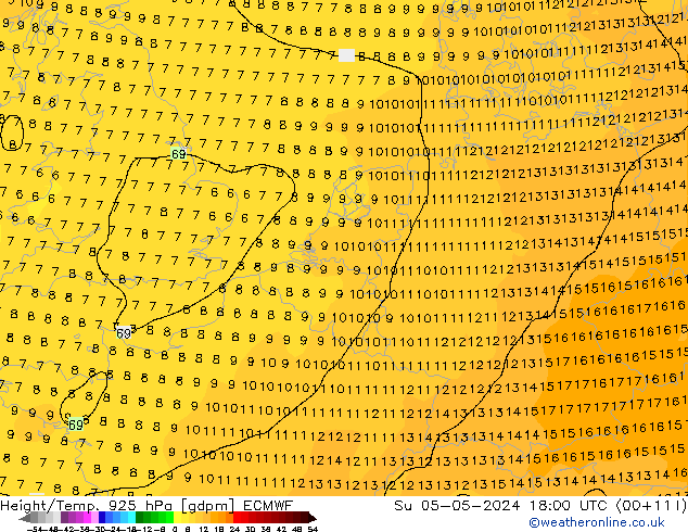 Height/Temp. 925 hPa ECMWF Su 05.05.2024 18 UTC