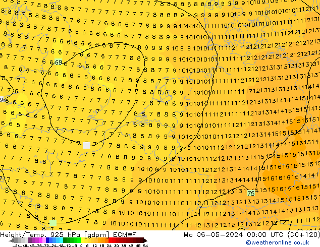 Height/Temp. 925 hPa ECMWF pon. 06.05.2024 00 UTC