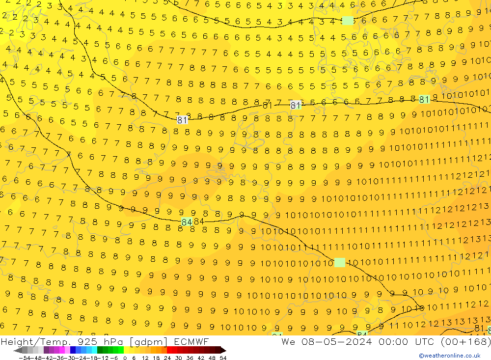 Géop./Temp. 925 hPa ECMWF mer 08.05.2024 00 UTC