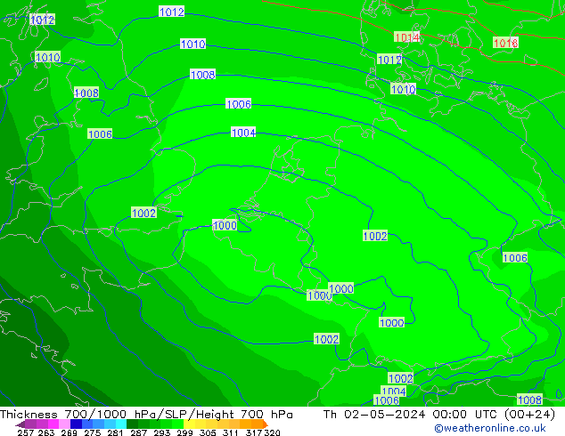 Thck 700-1000 hPa ECMWF Čt 02.05.2024 00 UTC