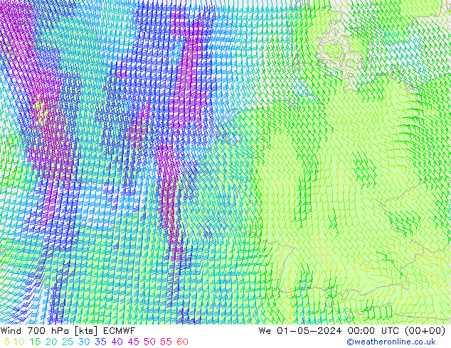 Vento 700 hPa ECMWF mer 01.05.2024 00 UTC