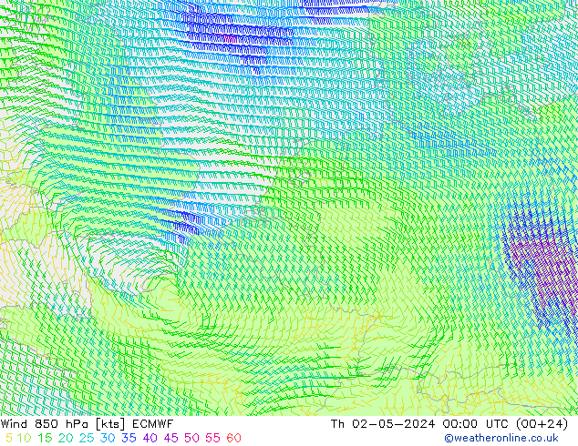 Wind 850 hPa ECMWF Čt 02.05.2024 00 UTC